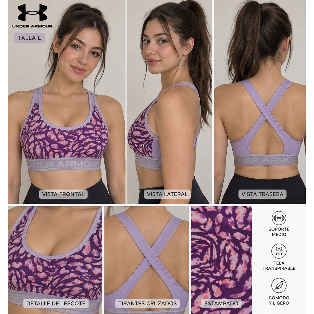 Under Armour Women Purple Abstract Tiger Print Mid Impact Sports Bra Large L